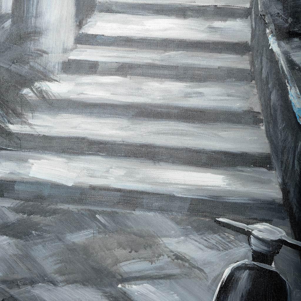 Monochrome painting of a staircase with figure in hat and coat.