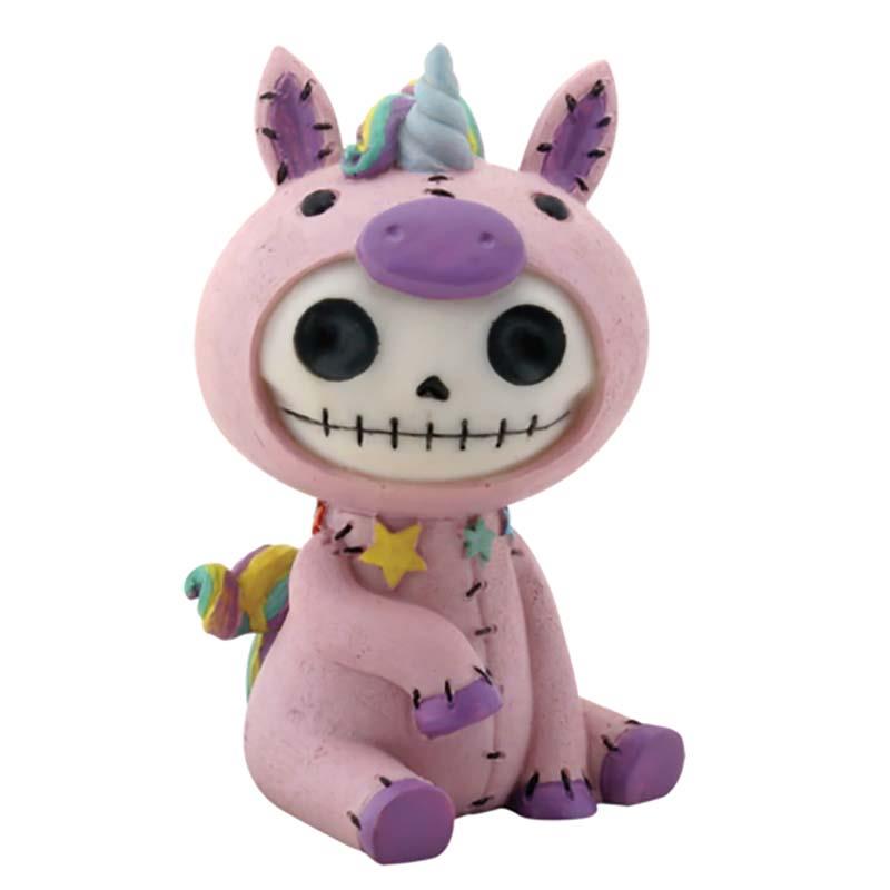 Cute skeleton in a pink unicorn costume with colorful stitches.