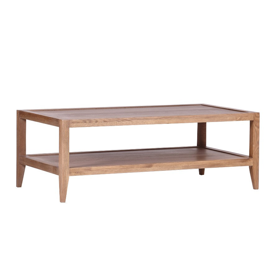 Minimalist two-tier wooden coffee table.