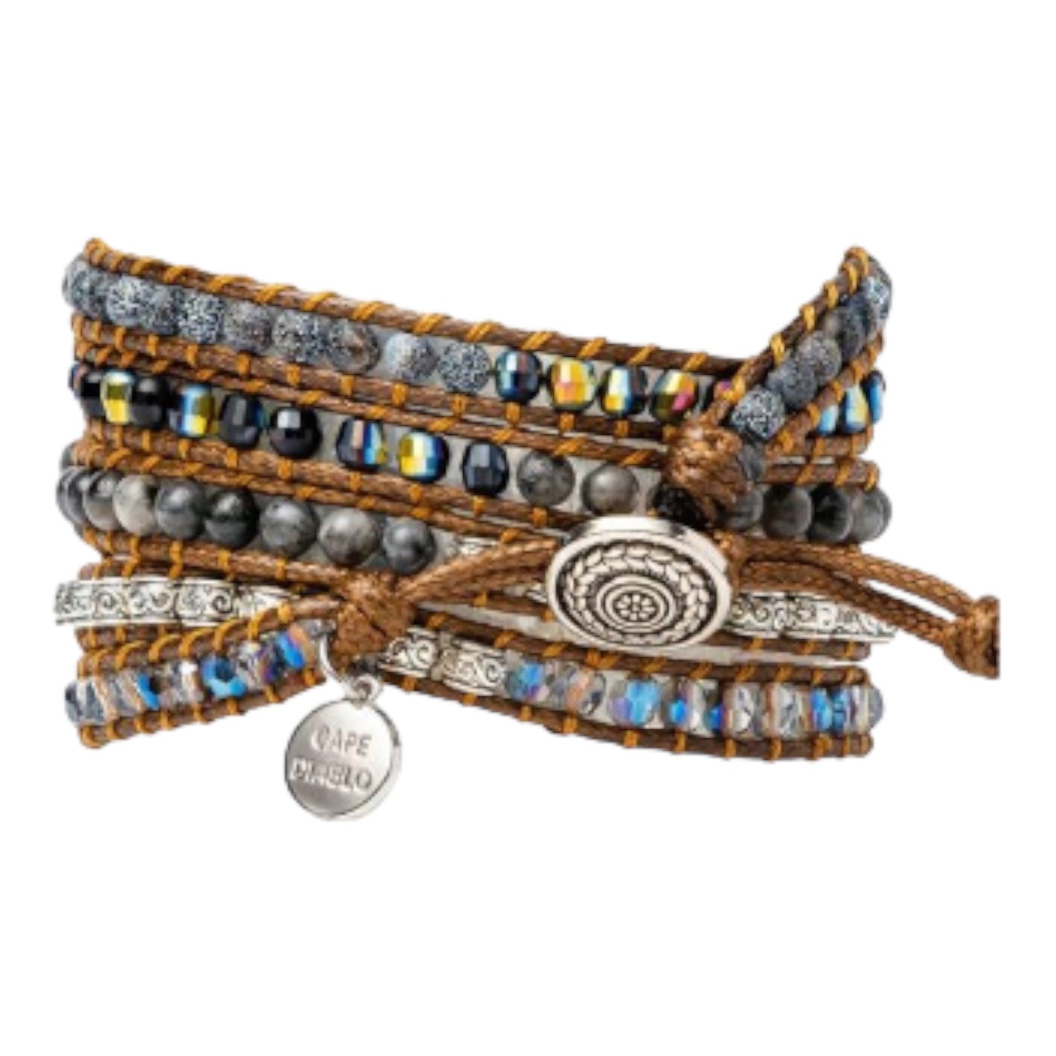 Colorful beaded wrap bracelet with intricate silver details.