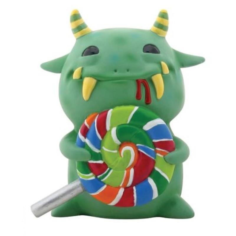 Cute green monster holding a colorful lollipop.