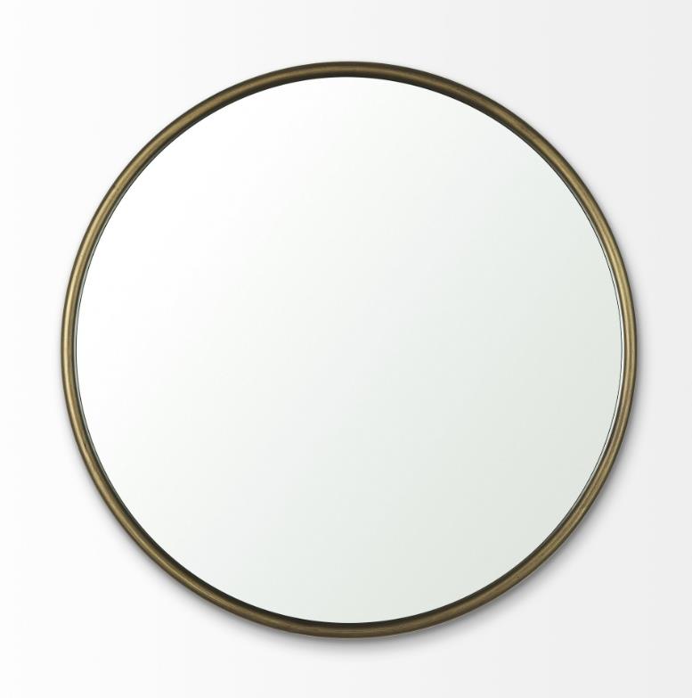 Round mirror with a thin metallic frame.