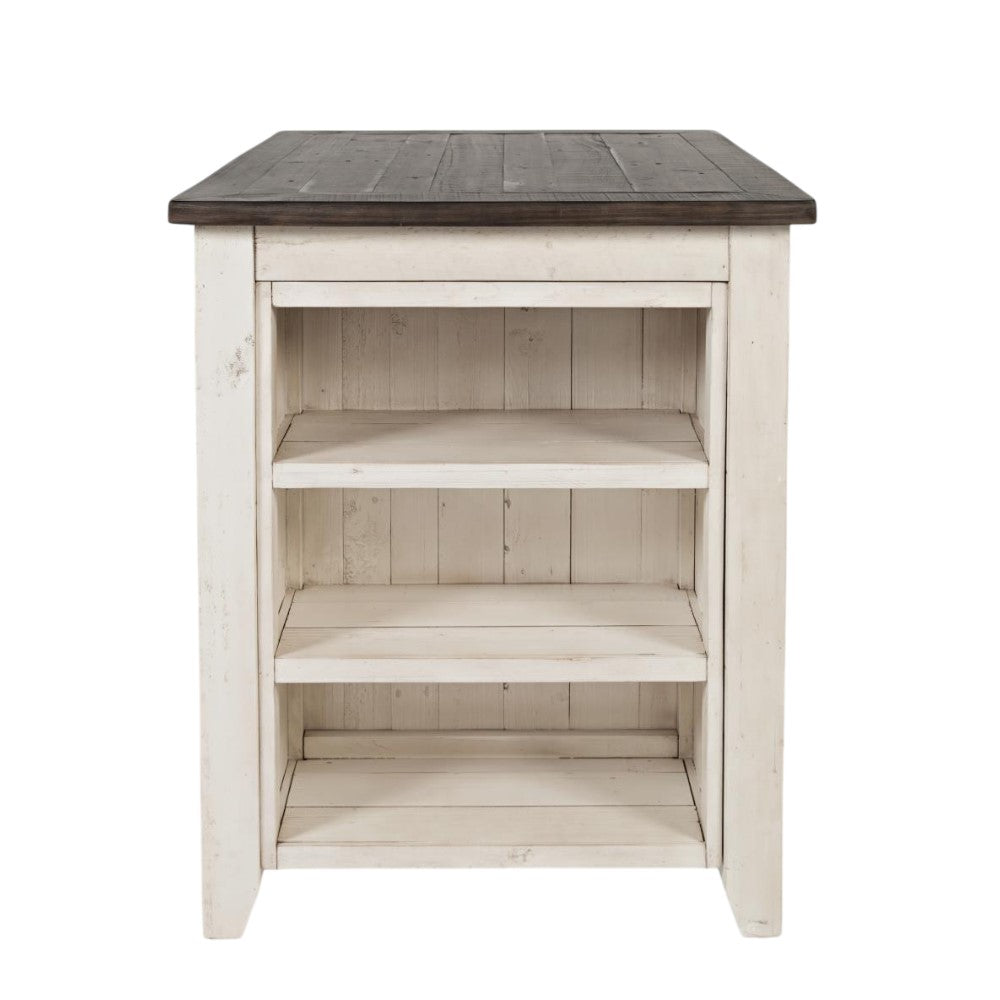 Wooden island with a dark top and white shelves.