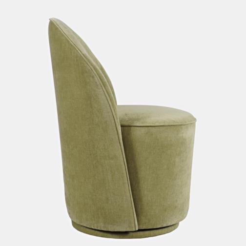 Green velvet swivel chair with a sleek design, side view.