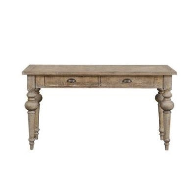 Rustic wooden table with two drawers and turned legs.