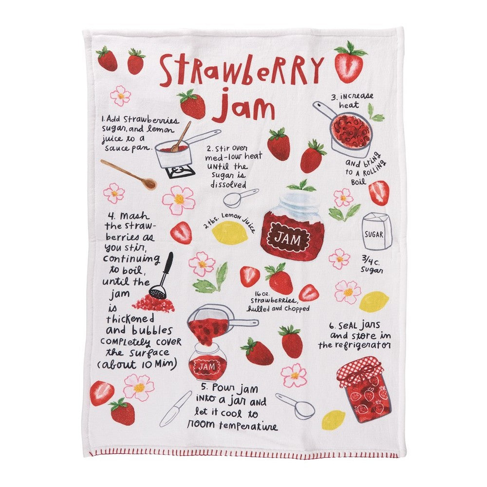 Illustrated strawberry jam recipe with vibrant fruit and step-by-step instructions.