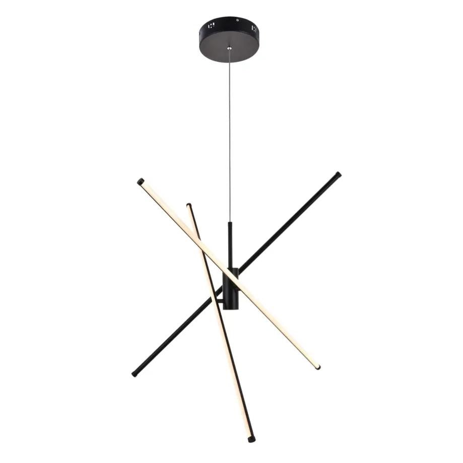Black and white modern pendant light with intersecting rods.
