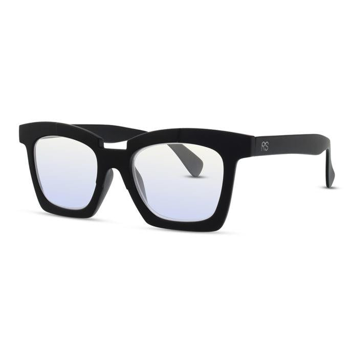 Black square-framed sunglasses with slight tint.