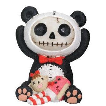 Skeleton panda figurine with dolls, red bow, and stitched details.