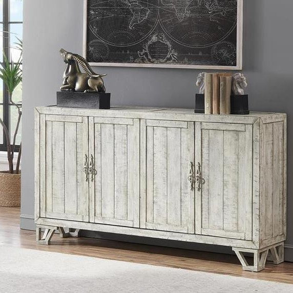 Wooden cabinet with horse sculpture, books, and a world map on the wall above.