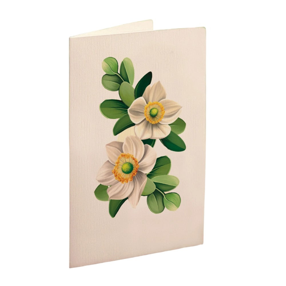Card with two white flowers and green leaves.