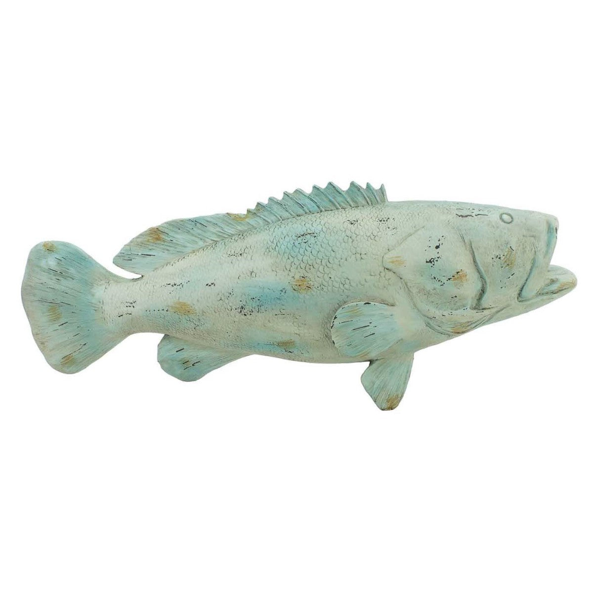 Wooden fish sculpture with rustic blue-green finish.