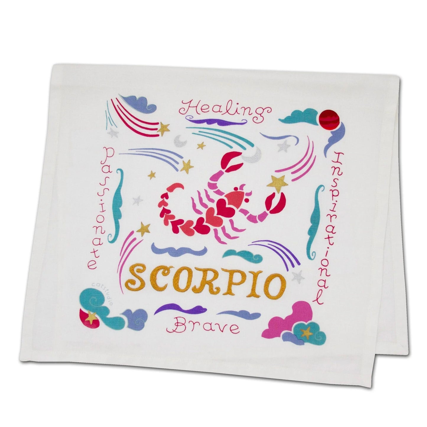 Scorpio-themed design with colorful zodiac symbols and traits.