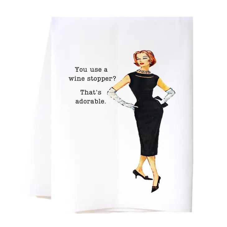 Retro woman in black dress with a cheeky wine stopper quote.