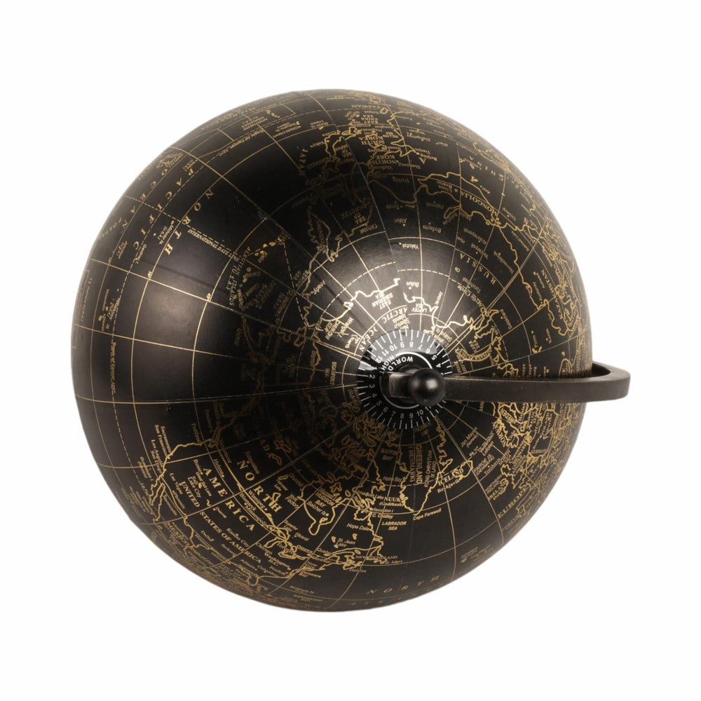 Black globe with gold map details and a central pivot handle.