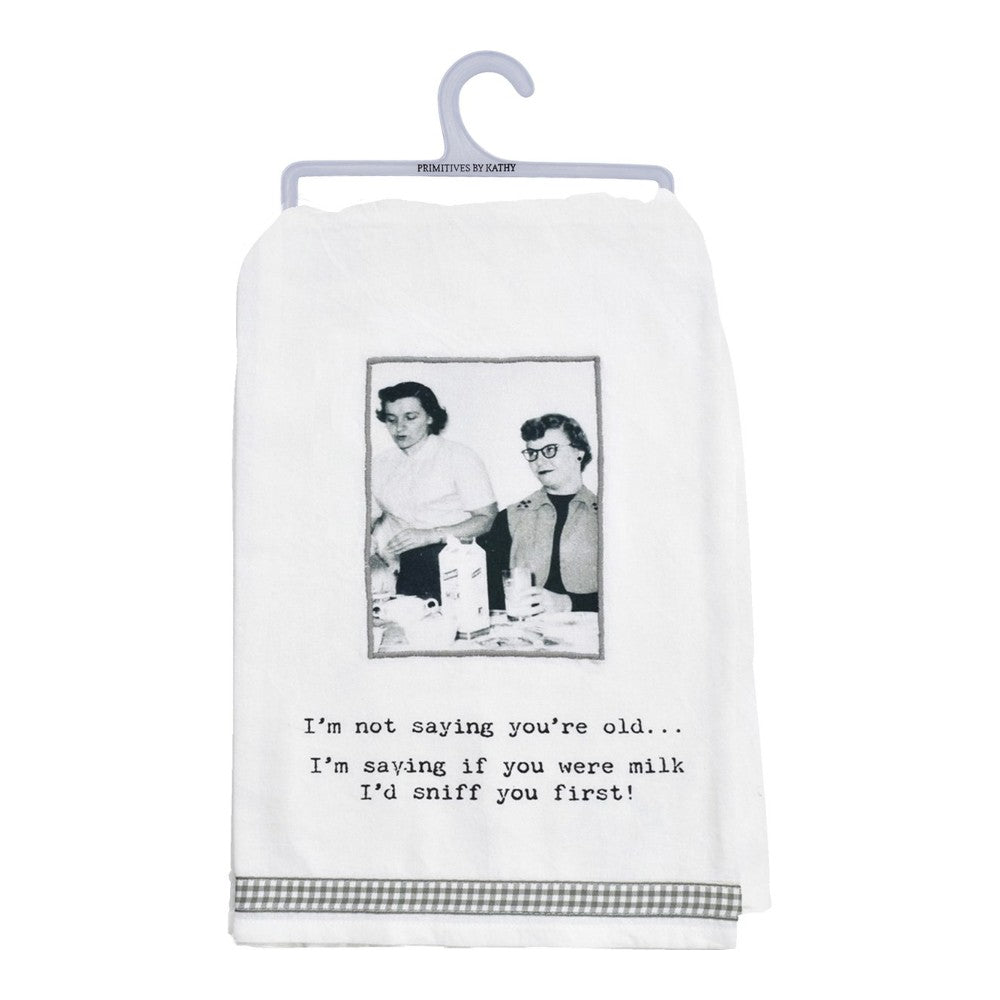 Vintage-style towel with a humorous aging quote and old photo.