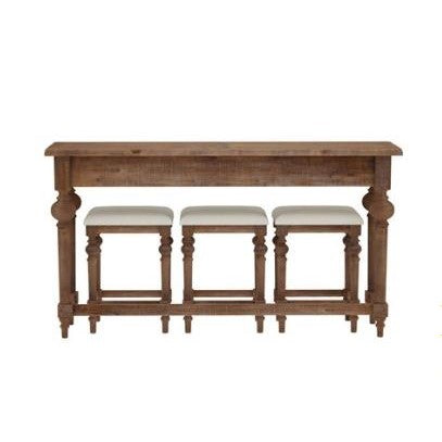 Wooden bar table with three matching stools, upholstered seats.