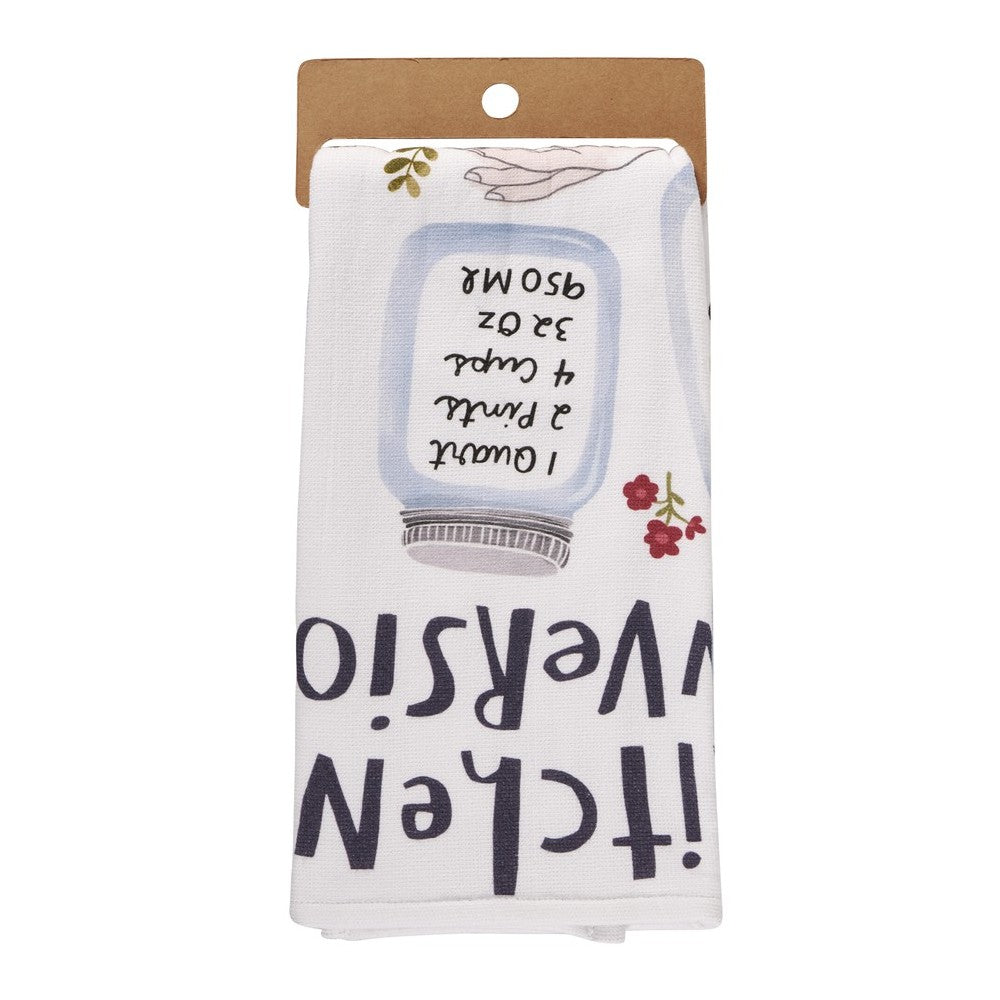 White dish towel with mason jar print and floral accents.