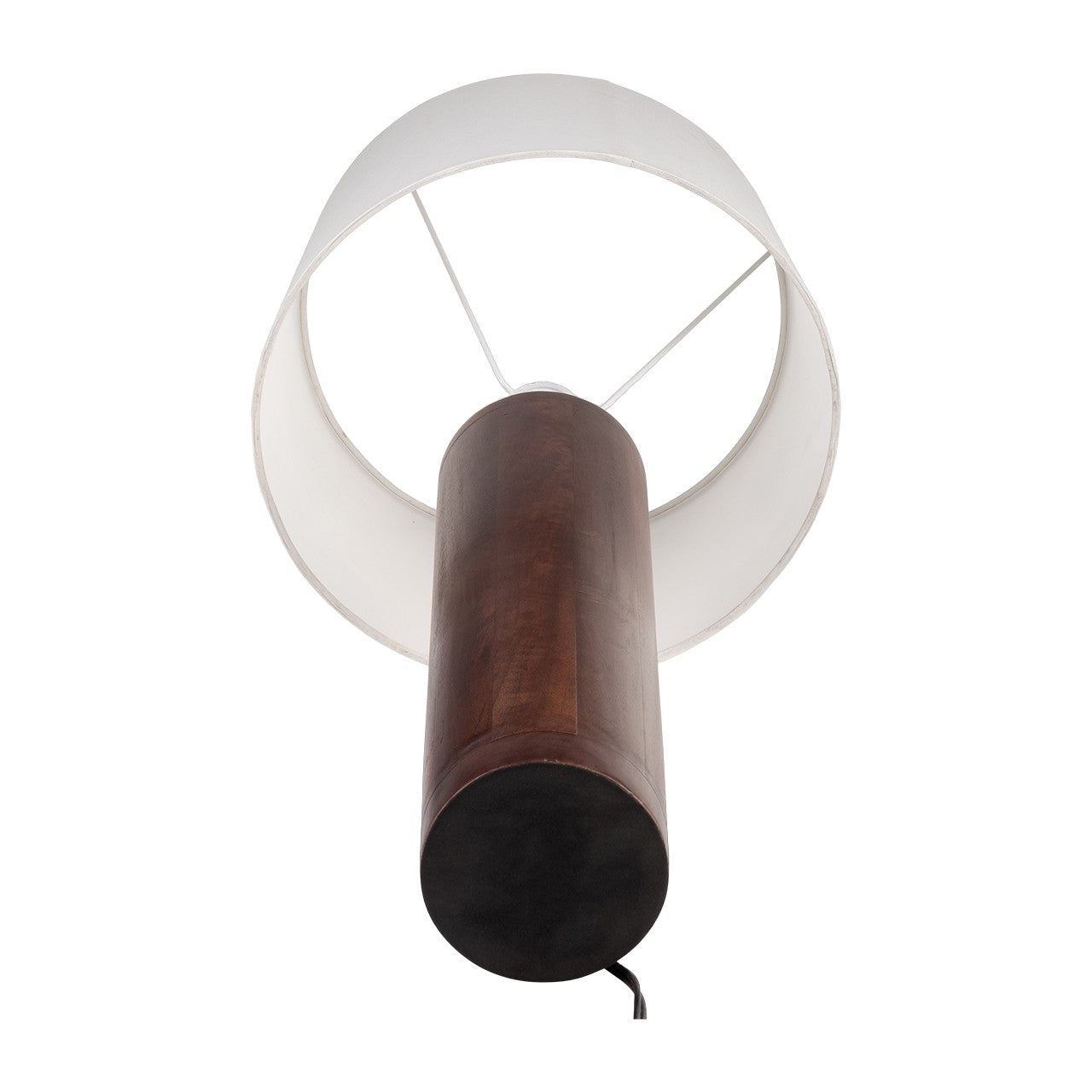Modern lamp with a wooden base and white fabric shade, viewed from below.