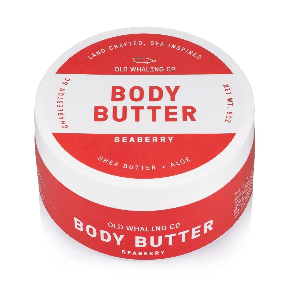 Red and white container of seaberry body butter, 8 oz.