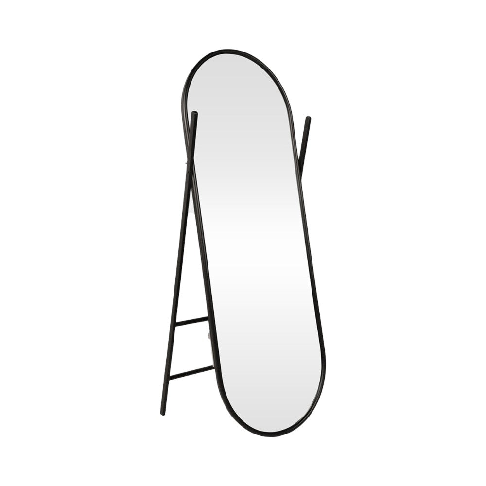 Oval floor mirror with a black metal frame and stand.