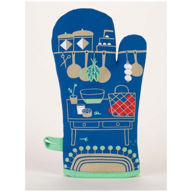 Blue oven mitt with kitchen-themed illustration.