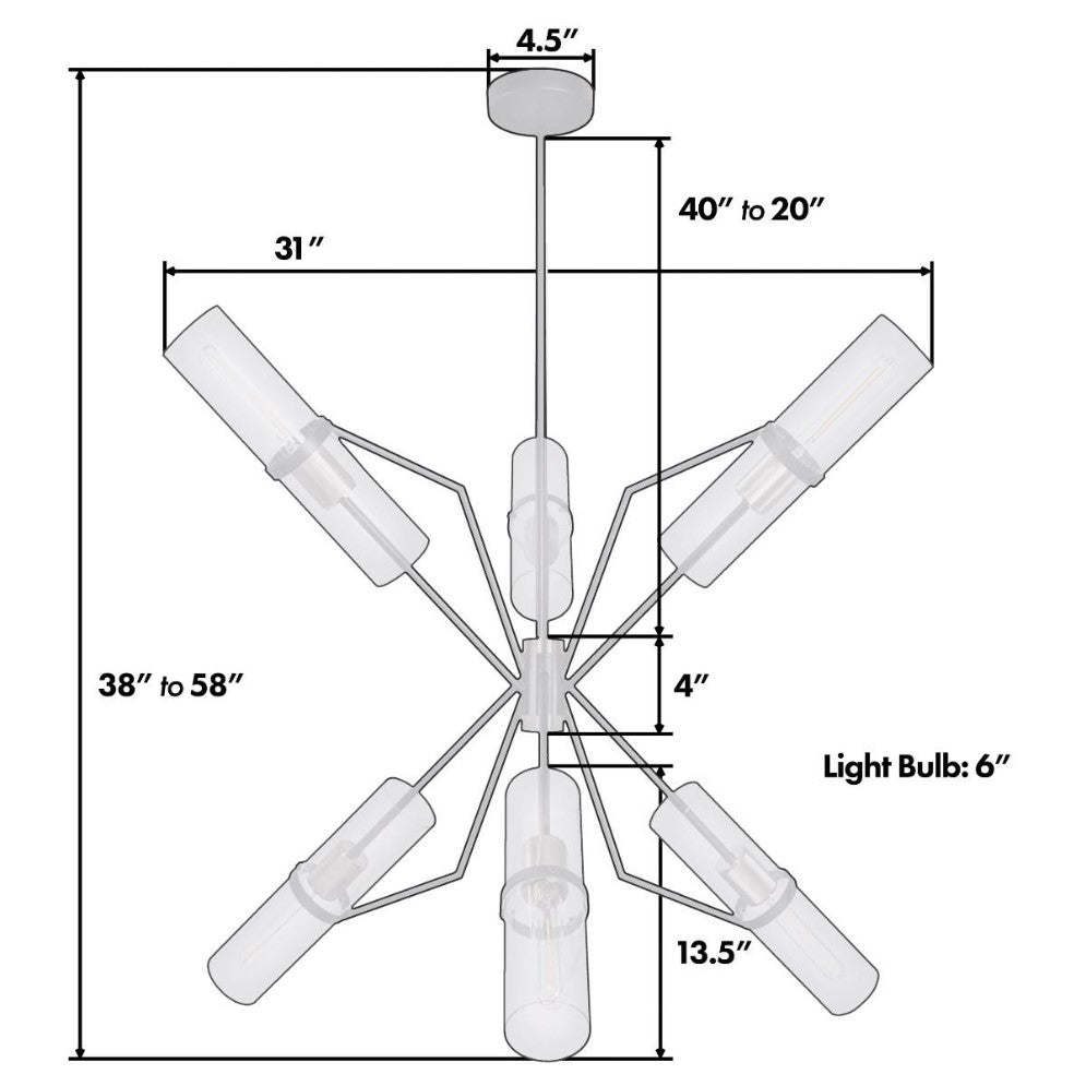 Chandelier diagram with dimensions and light bulb specifications.