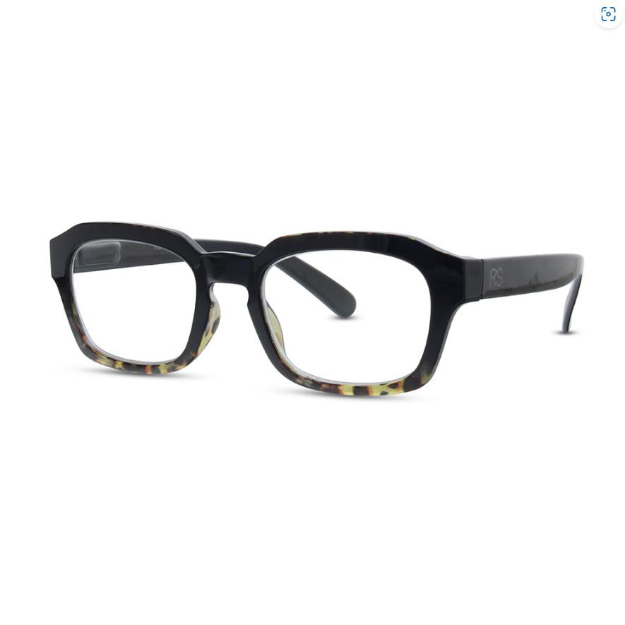 Black square-frame glasses with a patterned lower edge.