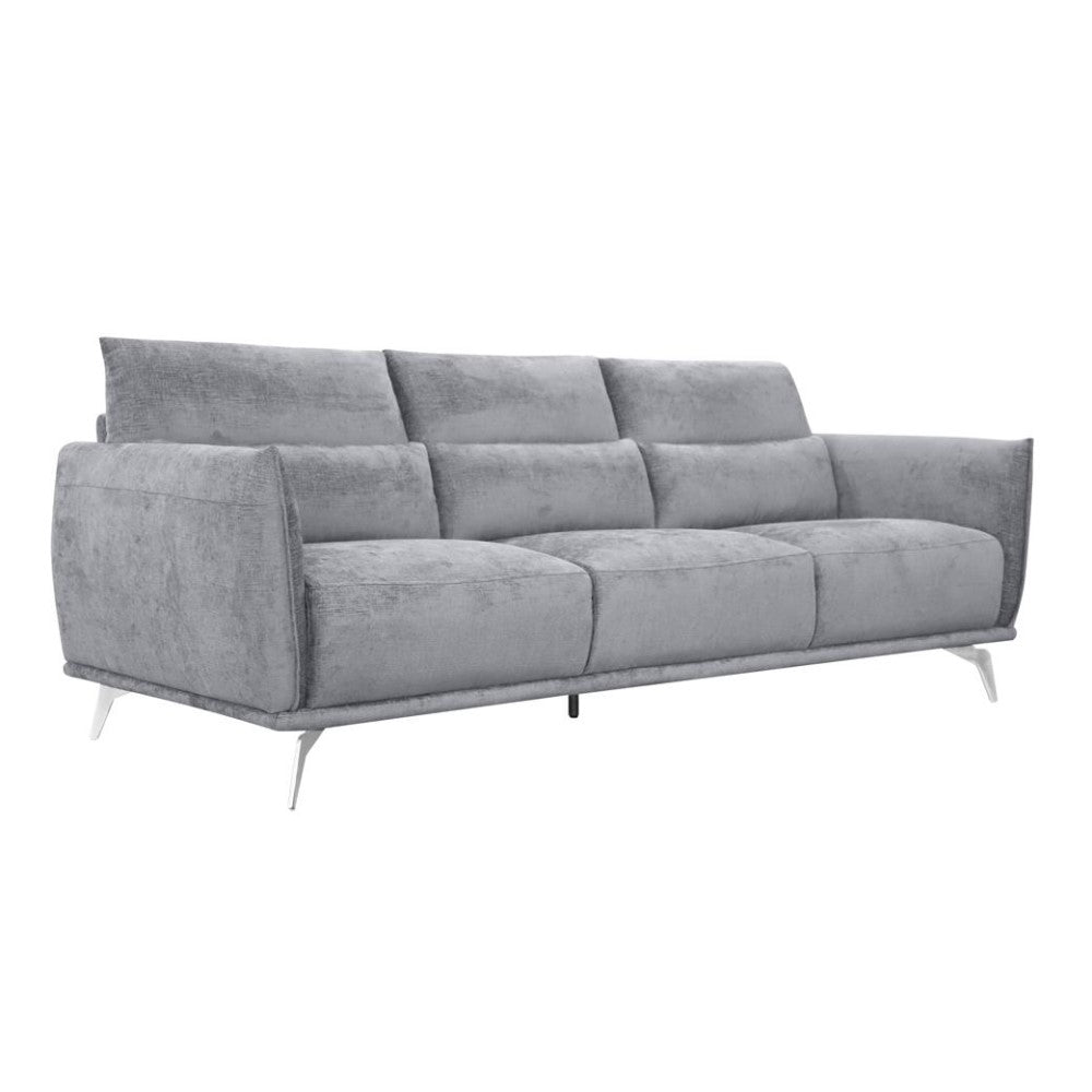 Gray, modern sofa with metal legs and plush cushioning.