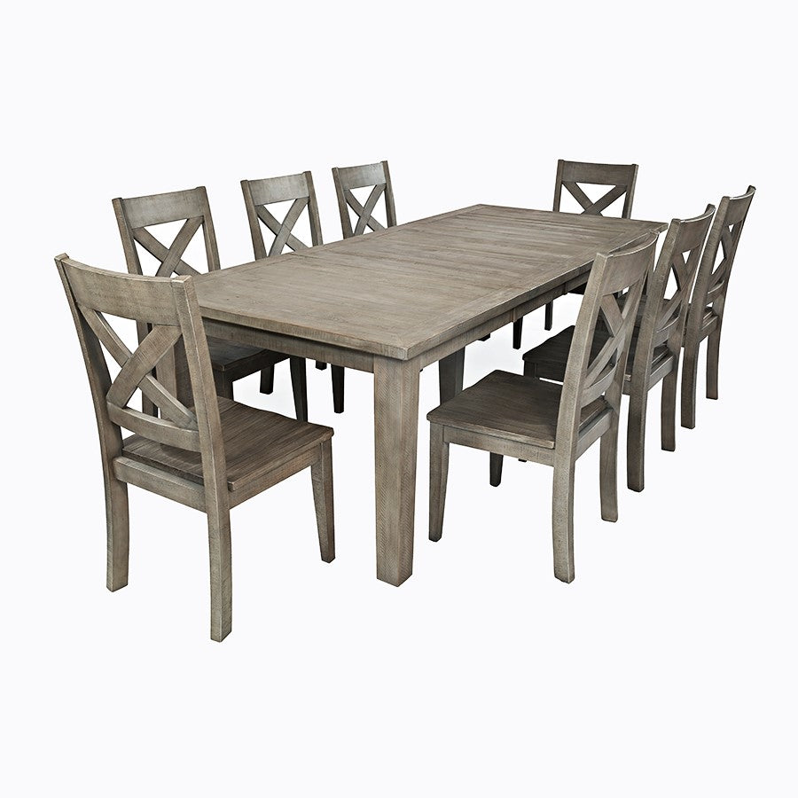 Wooden dining set with eight chairs and rectangular table.