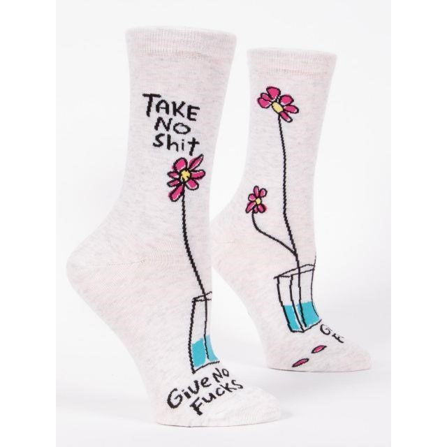 White socks with pink flowers and bold, playful text.