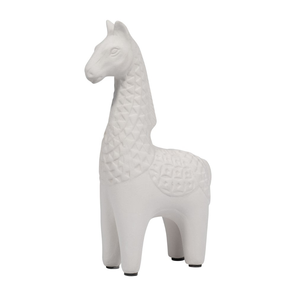 White, textured ceramic giraffe figurine on a plain background.