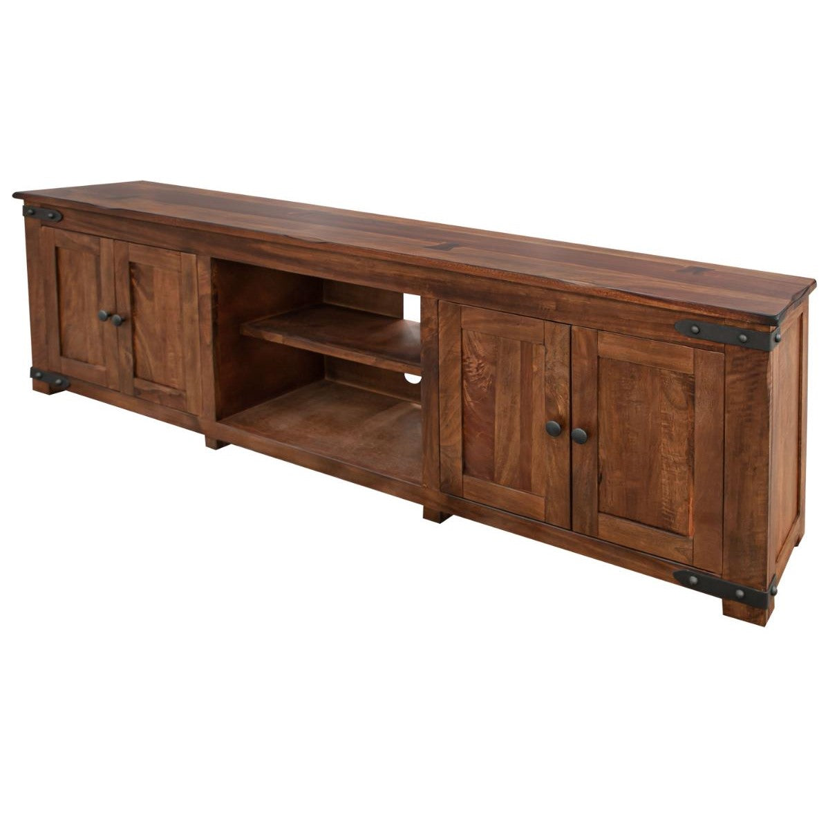 Rustic wooden TV console with cabinets and shelves.