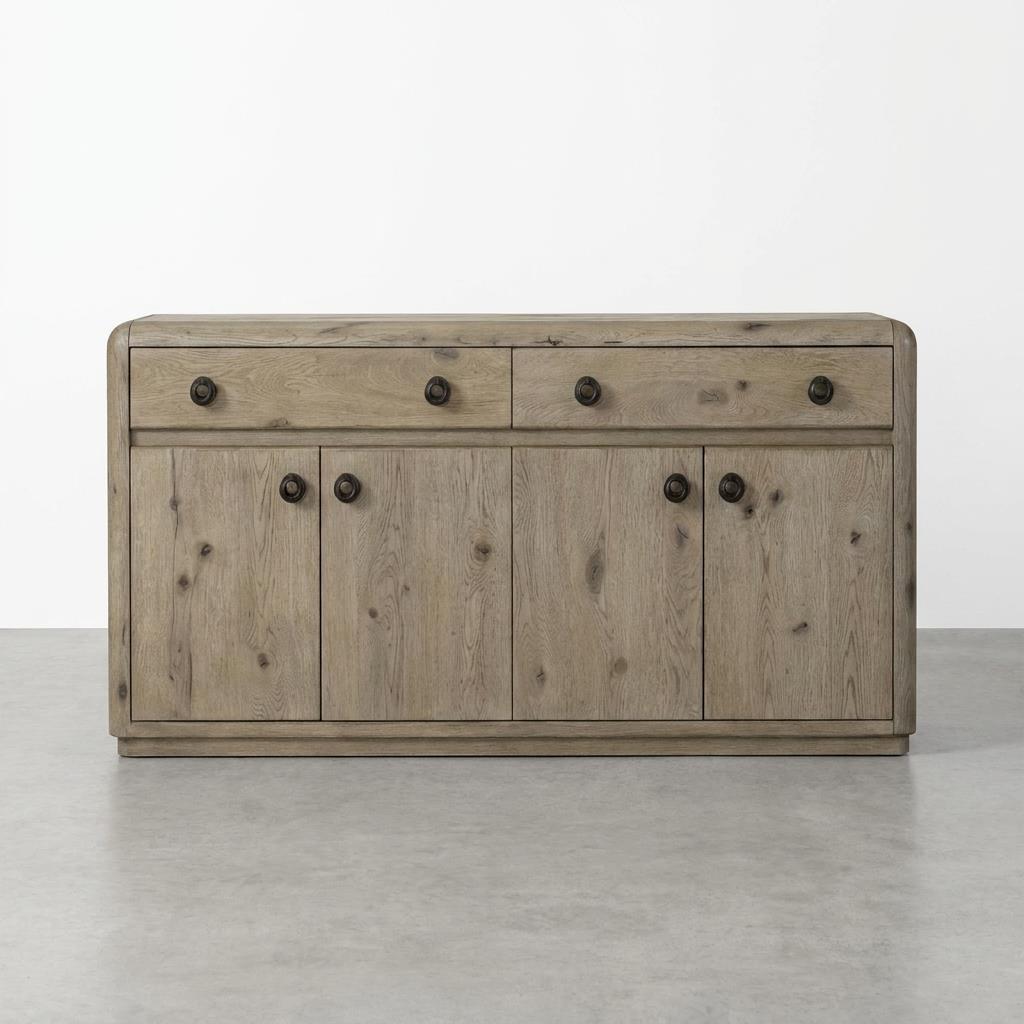 Wooden sideboard with six dark knobs, three drawers, and four cabinets.