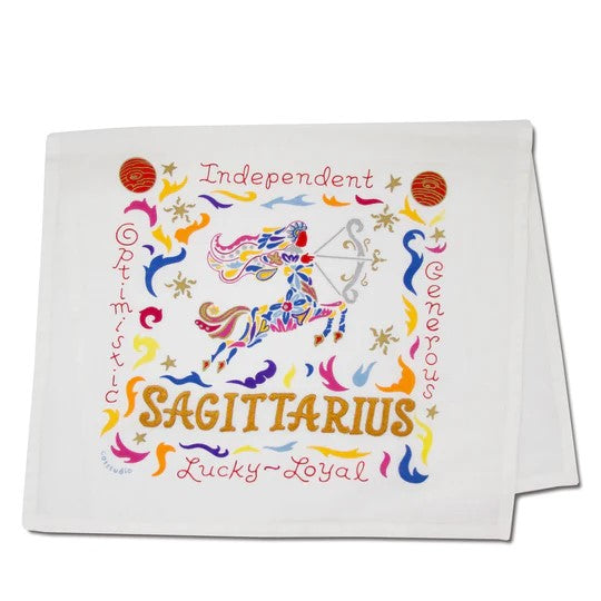 Sagittarius-themed design with colorful centaur and positive traits.