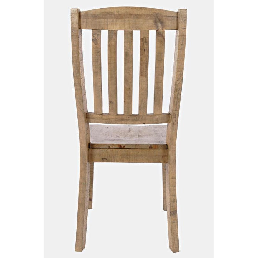 Wooden chair with vertical slatted backrest, rear view.
