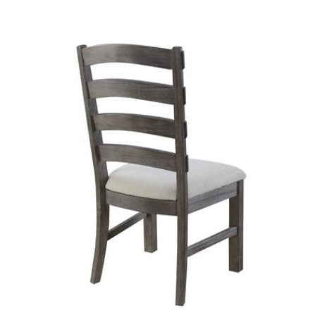 Wooden chair with ladder back and cushioned seat, viewed from the rear.