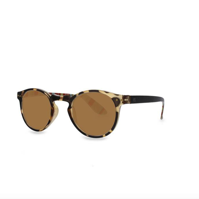 Round sunglasses with tortoiseshell frames and brown lenses.