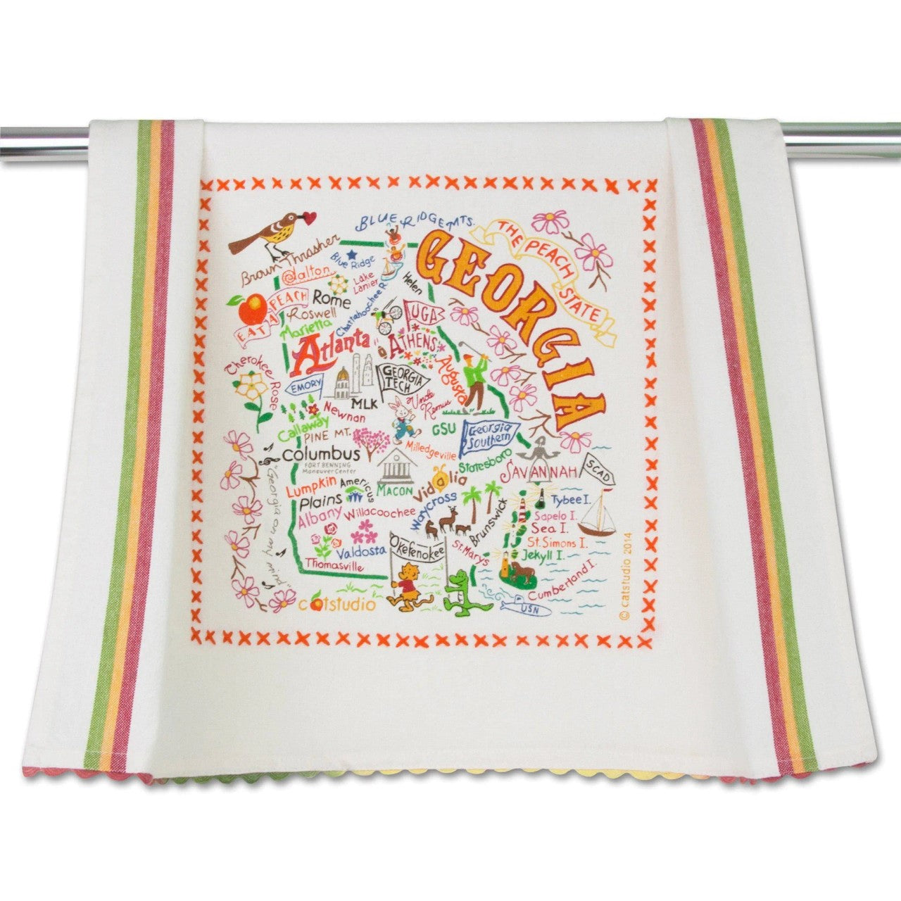 Tea towel with colorful illustrated map of Georgia, labeled cities, and landmarks.