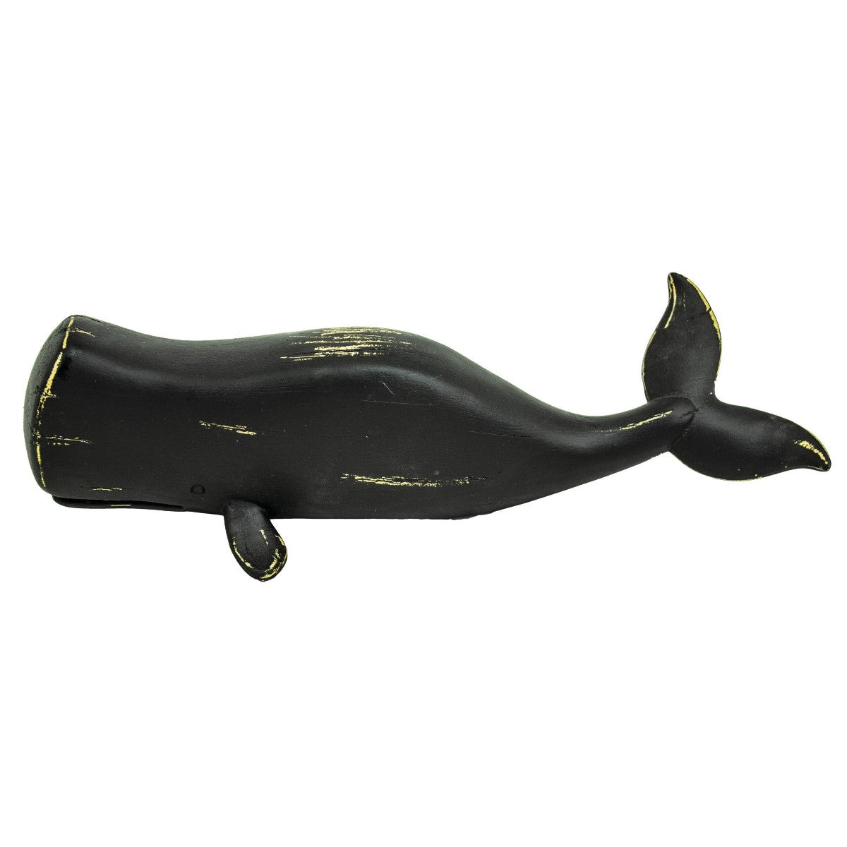 Black, vintage-style whale figurine with gold accents.