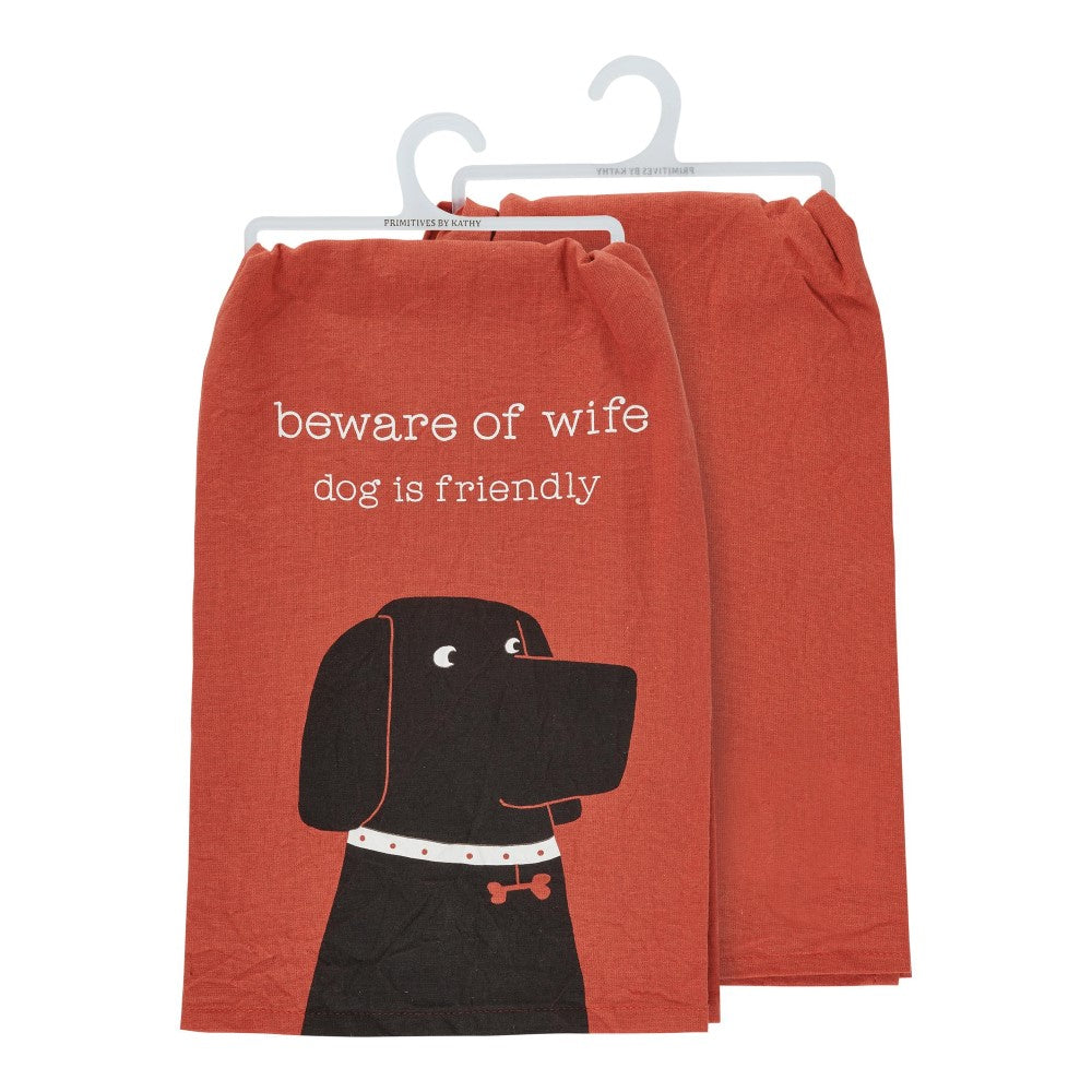 Orange towel with dog graphic and humorous wife message.