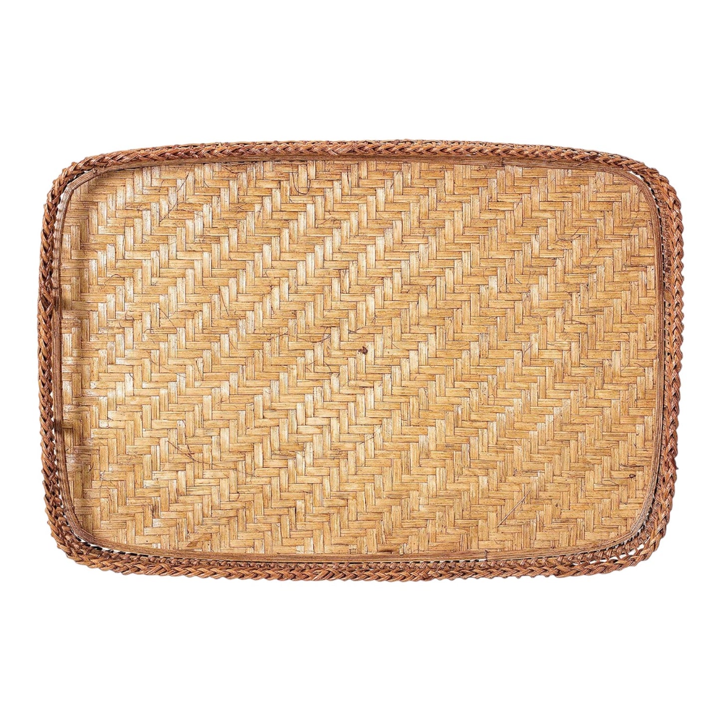 Rectangular woven straw placemat with detailed border.
