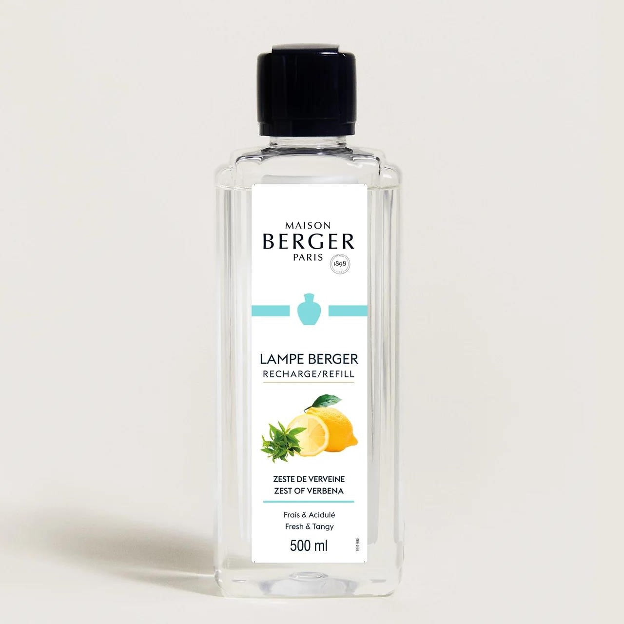 Clear bottle of Lampe Berger refill, Zest of Verbena scent, 500 ml.