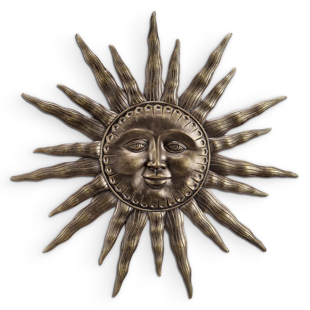 Metallic sun face with radiant rays in a decorative style.