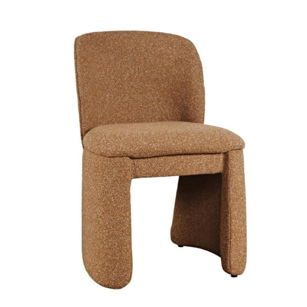 Modern brown chair with a unique, curved design.