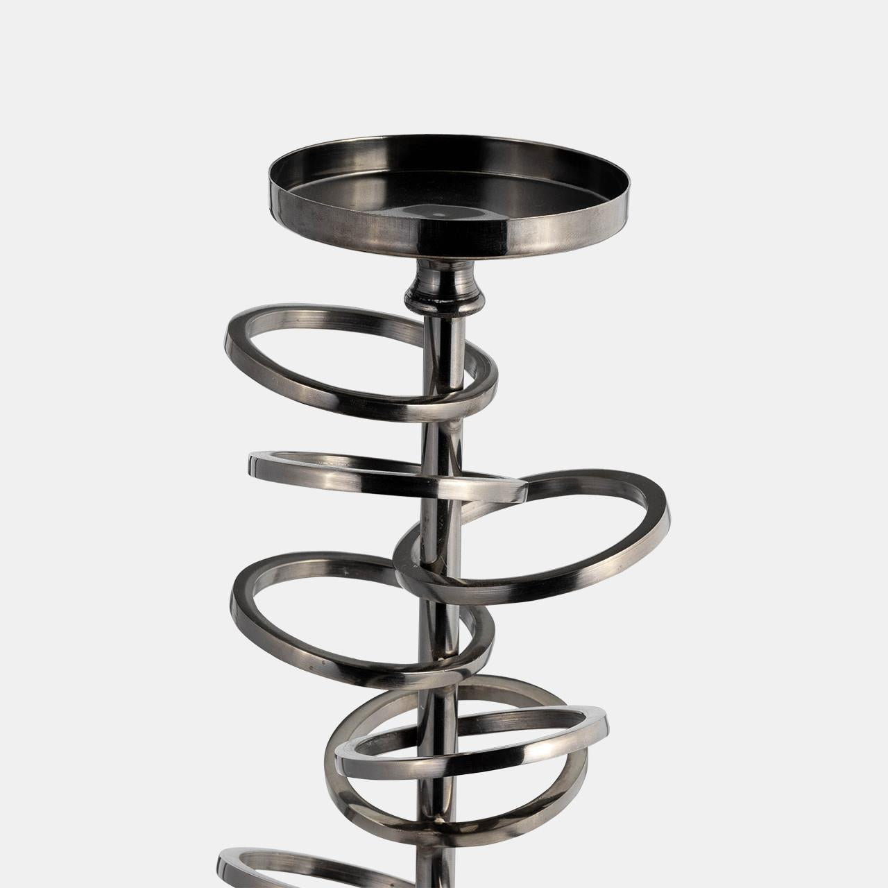 Metal spiral wine rack with a round base.