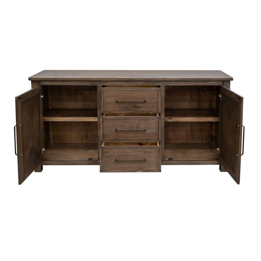 Wooden sideboard with open doors and three central drawers.