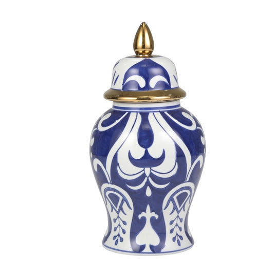 Picture of Blue and White Modern Floral Temple Jar, Gold Accents