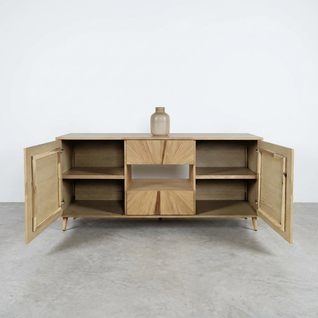 Wooden sideboard with open doors, central drawers, and vase on top.