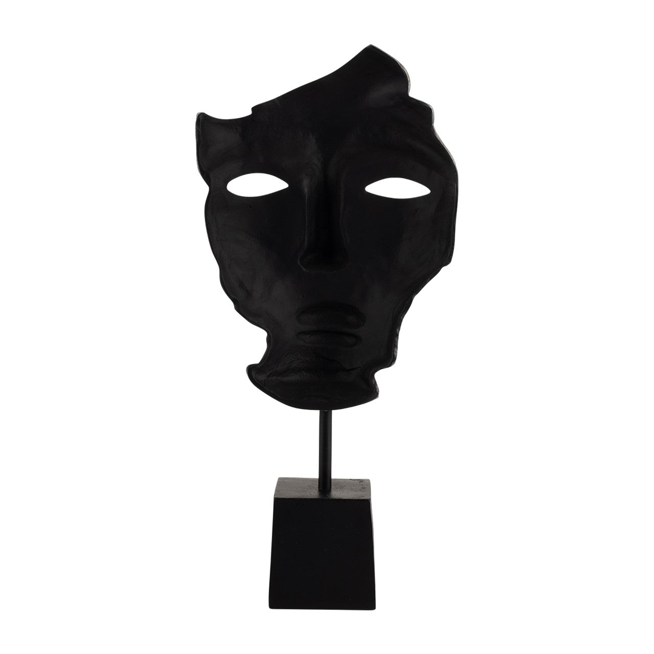 Abstract black face sculpture on a stand.